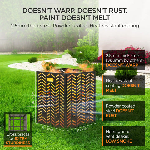 Low Smoke Outdoor Burn Barrel For Trash Paper And Yard Waste Incineration, 55 Gallon Drum With Herringbone Vent Design, 26x21x21 in structure