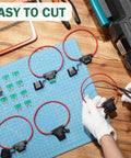 24 Pcs Workhorse Inline Fuse Holder Kit With Atc Blade Fuses 30 Amp Heavy Duty showing easy-to-cut fuse holders and tools on a workspace.