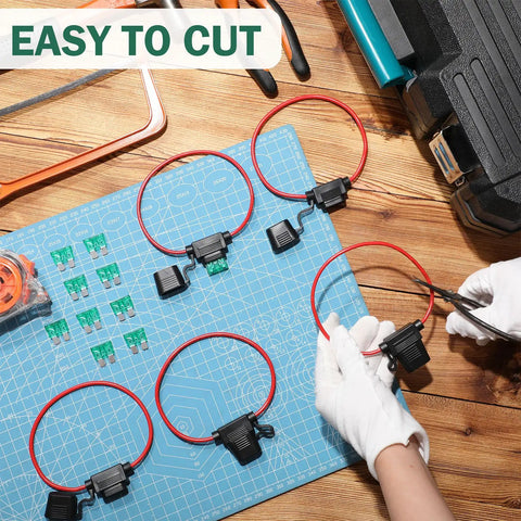 24 Pcs Workhorse Inline Fuse Holder Kit With Atc Blade Fuses 30 Amp Heavy Duty showing easy-to-cut fuse holders and tools on a workspace.