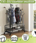 All In One Golf Bag Storage Organizer For Garage Or Shed Double Bag Stand With Extra Wide Shelves Fits Two Full Size Bags Plus Shoes Balls Clubs And Accessories Heavy Duty Golf Gear Rack displayed near window with bags and clubs.