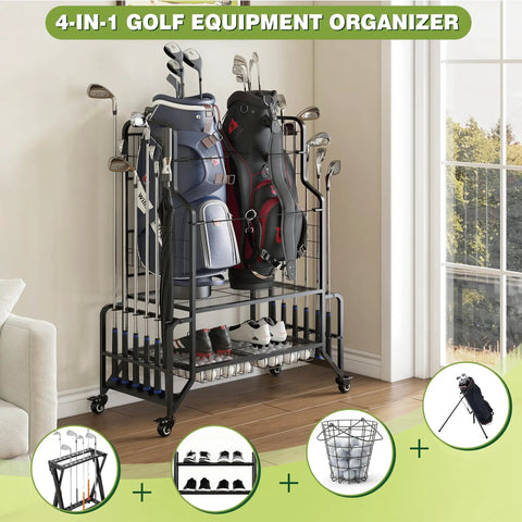 All In One Golf Bag Storage Organizer For Garage Or Shed Double Bag Stand With Extra Wide Shelves Fits Two Full Size Bags Plus Shoes Balls Clubs And Accessories Heavy Duty Golf Gear Rack displayed near window with bags and clubs.