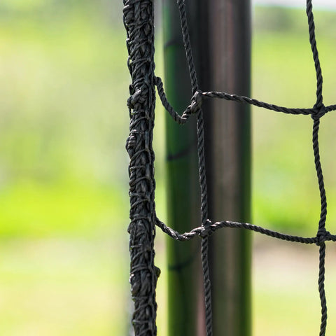 Close-up of 35 Ft Ultimate Baseball Batting Cage With Net And Poles Package, highlighting Heavy Duty #42 Net and galvanized steel upright.