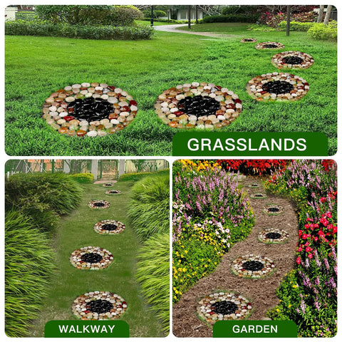Six Piece River Rock Stepping Stone Mat Set, 10 Inch Round Polished Pebble Pavers for Yard on grass, walkway, and garden