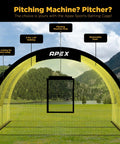 Front view of Portable Baseball And Softball Batting Cage With Pitching Machine Hole, 22x12x8 ft, yellow netting, in grassy field
