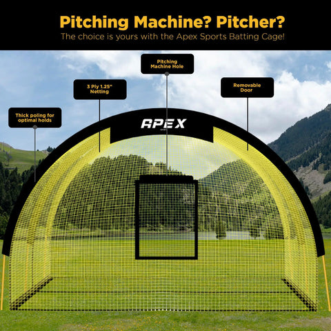 Front view of Portable Baseball And Softball Batting Cage With Pitching Machine Hole, 22x12x8 ft, yellow netting, in grassy field