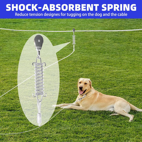 Heavy Duty Outdoor Dog Run Cable System With 75 Ft Tie Out And 10 Ft Runner Cable for Dogs, shown with shock-absorbent spring.