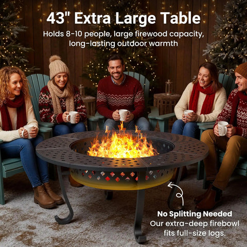 Group enjoying warmth around Three In One Extra Large Outdoor Fire Pit Table For Backyard Hangouts with fire burning.
