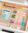 No Sweat 44 Piece Clear Plastic Drawer Organizers Set With Adjustable Vanity Trays For Bathroom Kitchen Office Craft Storage Makeup Cosmetic Tidying, featuring assorted school supplies.