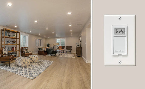 7 Day Programmable Light Switch With Manual And Automatic Modes, Flush Mount Design, White Finish, installed on wall