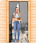 Woman carrying tray through Breezy Magnetic Door Screen With Self Sealing Closure Keeps Bugs Out Lets Fresh Air In Heavy Duty Pet And Kid Friendly Works With Front Or Sliding Doors Fits Doors Up To 38 By 82 Inches, with dog.