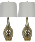 Set of 2 Fletcher Glass Genie Table Lamps in Ombra Gold Mercury Glass With White Lamp Shades, Honeycomb Faceted Glass and Metal Base
