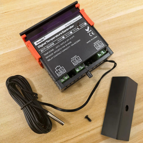 12V Fahrenheit Digital Temperature Controller with NTC 10K Sensor, 1 Relay, 10A on wooden surface