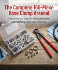 VICASKY Premium Stainless Steel Hose Clamp Crimping Tool Kit With 160 Nonstep Single Ear Clamps For Rust Proof Auto And Home Repairs In Handy Organized Case on table