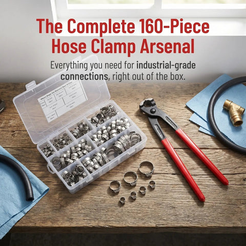 VICASKY Premium Stainless Steel Hose Clamp Crimping Tool Kit With 160 Nonstep Single Ear Clamps For Rust Proof Auto And Home Repairs In Handy Organized Case on table
