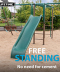 Outdoor Monkey Bar Adventure Swing Set With Three Belt Swings, Trapeze Bar With Gym Rings, Fireman Pole, Nine Foot Wavy Slide