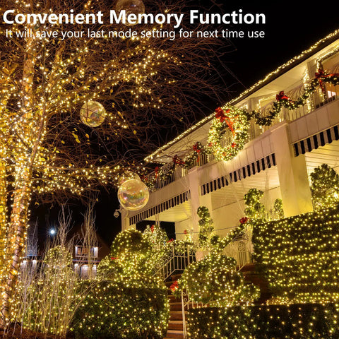 Warm White 200 LED Christmas Lights 66ft Outdoor Indoor String Light with Remote Control 8 Modes Memory Timer Plug In Green Wire for Tree Yard Party Xmas Decor illuminating a house and trees
