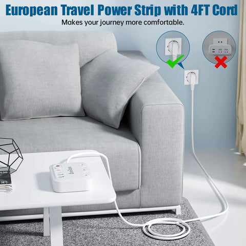 US To Europe Travel Plug Adapter With 4Ft Extension Cord Not For UK on table next to sofa in living room