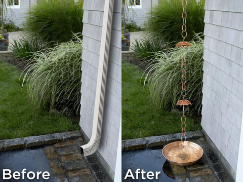 Before and after of Handmade Copper Rain Chain With Dope Umbrella Design 8.5 Feet Long 20 Gauge Pure Copper With Brass Accents Weathered Patina Finish Easy Screwdriver Install For Outdoor Gutters And Roof Lines.
