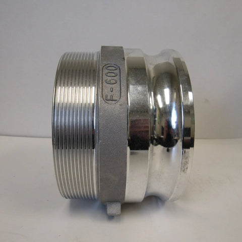 Side view of 6 Inch Aluminum Cam And Groove Fitting With F600 Male Camlock Coupler And Male NPT Thread for fluid transfer.