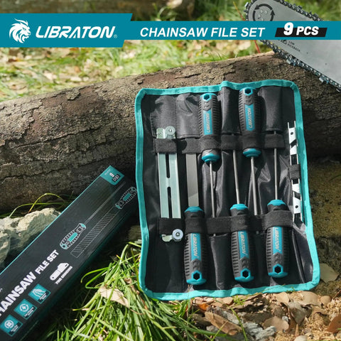 Boss Chainsaw File Set With Multiple Files In Five Thirty Two Three Sixteen And Seven Thirty Two Inch Sizes Plus A Six Inch Flat File Depth Gauge Filing Guide Quick Check Gauge Bar Groove Cleaner And Pouch For Easy Sharpening