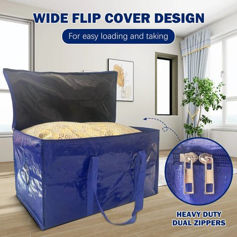 8 Pack Heavy Duty Large Moving Bags With Tough Zippers And Built In Carry Handles For Easy Heavy Lifting, open blue bag in room