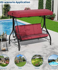 Three Seat Go To Outdoor Patio Swing with Adjustable Canopy and Backrest Thickened Removable Cushions Converts to Bed Iron Frame Red
