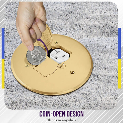 Five Point Six Two Five Inch Dual Flip Lid Floor Box Cover For 1 Gang 20A Tamper-Resistant Type A Duplex Outlet Brass With Watertight Gaskets UL Listed Weatherproof And Built To Last Outdoor Ready Receptacle Cap