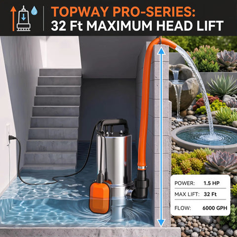 Heavy Duty Submersible Sump Pump With Automatic Float Switch powers through heavy water jobs at six thousand gallons per hour.