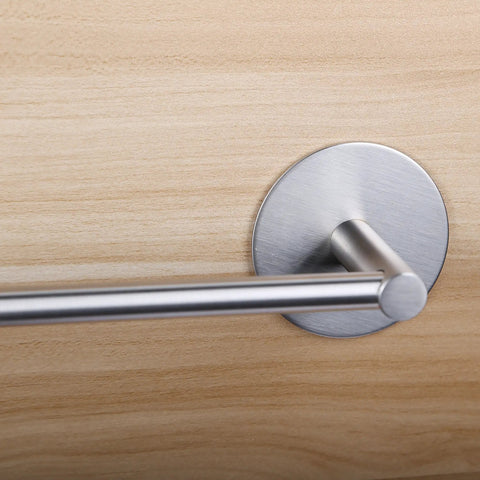 Close-up of 16 Inch Stainless Steel Towel Bar With 3M Self Adhesive Wall Mount, Brushed Nickel finish for bathroom use.