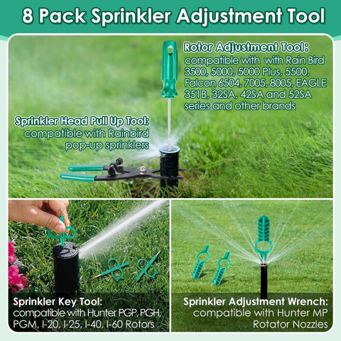 All In One Sprinkler Head Tools Kit Eight Pack Compatibility Wrenches For Rain Bird 5000 And Hunter MP PGP Spray Heads Including Pull Up Tool And Rotor Adjusters