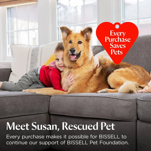 All Surface Pet Cleaner With Citrus For Sealed Floors And Area Rugs, Tackles Tough Messes And Odors Like A Boss, Lemon Eucalyptus Essential Oils, 80 Oz Bottle, Powerful Deep Cleaning For Pet Homes. Dog and child on couch with Every Purchase Saves Pets heart