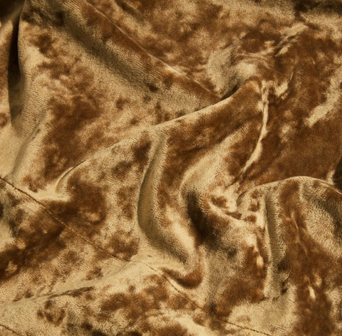 Lux Caramel Gold Crushed Velvet Curtains fabric close-up view, showing distressed velvet finish and texture.