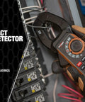Clamp Meter 400A AC DC True RMS With Hands Free Testing 21530T held by technician in electrical panel, black brown pro grade