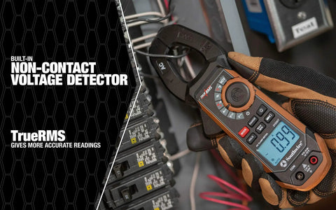 Clamp Meter 400A AC DC True RMS With Hands Free Testing 21530T held by technician in electrical panel, black brown pro grade
