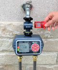 Inline Water Filter For Garden Hoses And Tools Anti Rust Stainless Steel 50 Mesh Screen attached to outdoor faucet setup