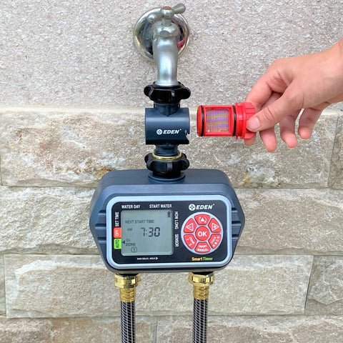 Inline Water Filter For Garden Hoses And Tools Anti Rust Stainless Steel 50 Mesh Screen attached to outdoor faucet setup