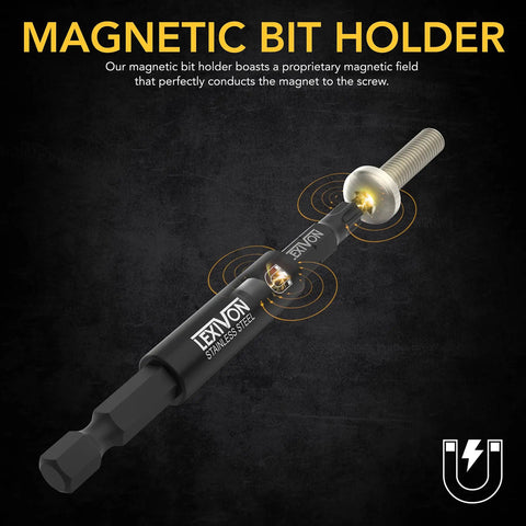 Impact Socket Adapter And Magnetic Bit Holder Set, showing magnetic attraction to a screw with hex shank, in stainless steel.