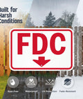 Rugged 12X18 Inch Fdc Fire Department Connection Metal Sign With Down Arrow In Red And White Using Beefy 120 Mil Aluminum Composite And 3M Reflective Film For No Fuss Install Made Stateside showing durability against harsh weather.