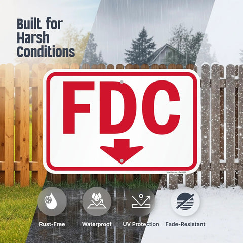 Rugged 12X18 Inch Fdc Fire Department Connection Metal Sign With Down Arrow In Red And White Using Beefy 120 Mil Aluminum Composite And 3M Reflective Film For No Fuss Install Made Stateside showing durability against harsh weather.