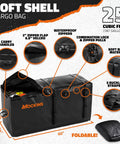 Soft shell cargo bag with carry handles, combination lock, waterproof zippers, and buckle straps, 60 x 24 x 31 inches, foldable design.