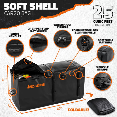 Soft shell cargo bag with carry handles, combination lock, waterproof zippers, and buckle straps, 60 x 24 x 31 inches, foldable design.