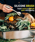 Juicy Thanksgiving Turkey Made Easy With This 5 Piece Turkey Baster Set, featuring silicone brush basting roasted turkey in pan.