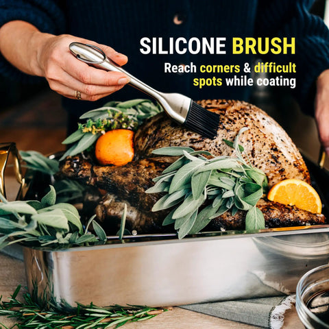 Juicy Thanksgiving Turkey Made Easy With This 5 Piece Turkey Baster Set, featuring silicone brush basting roasted turkey in pan.