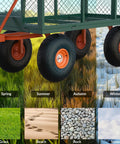 Close-up of Heavy Duty 3 In 1 Garden Cart With Removable Mesh Sides And 10 Inch All Terrain Wheels on grass, sand, rock, snow.