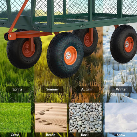 Close-up of Heavy Duty 3 In 1 Garden Cart With Removable Mesh Sides And 10 Inch All Terrain Wheels on grass, sand, rock, snow.