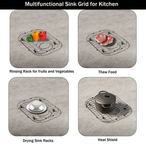 Two Pack Stainless Steel Sink Grids For Kitchen Bottom Protection 13x16 And 11.2x14.5 multifunctional uses shown with food and cookware