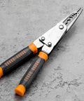 Heavy Duty Wire Stripper And Diagonal Cutting Pliers Real Workhorse dual head design with rubber grips on a gray surface.