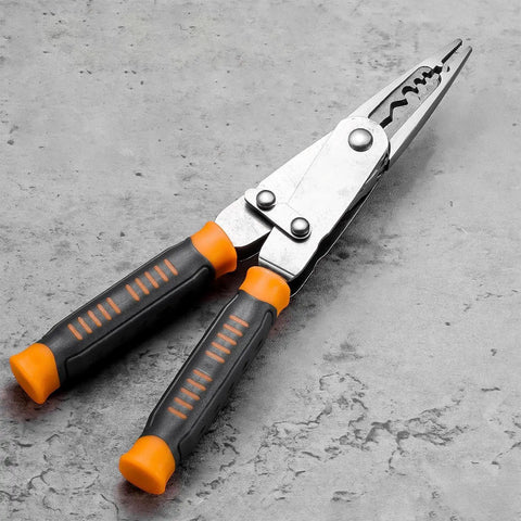 Heavy Duty Wire Stripper And Diagonal Cutting Pliers Real Workhorse dual head design with rubber grips on a gray surface.