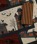 Straight Up Spooky Halloween Table Runner 14X72 Inches Reusable 100 Percent Cotton Fabric with haunted house design.