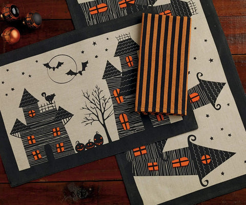 Straight Up Spooky Halloween Table Runner 14X72 Inches Reusable 100 Percent Cotton Fabric with haunted house design.